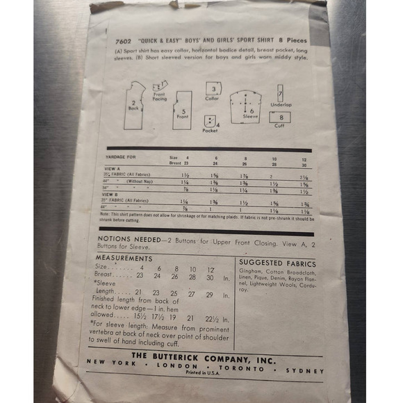 Vintage Butterick 7602 Quick‎ Easy Boys' & Girls' Sport Shirt Breast 23 S… - Picture 2 of 2